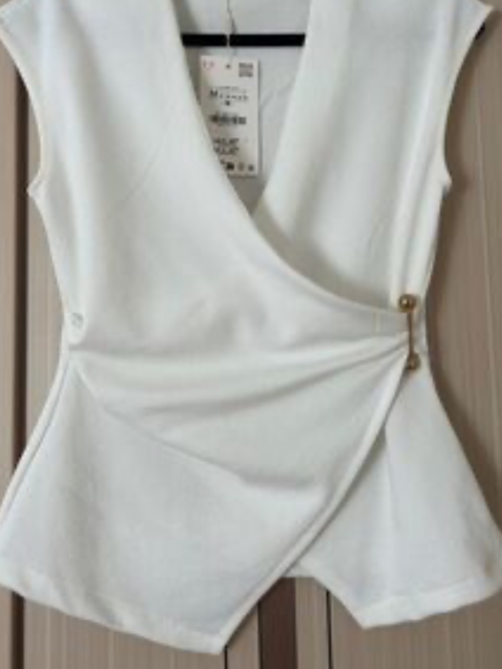 Zara Cream Sleeveless Faux-Wrap Top with Side Button Detail